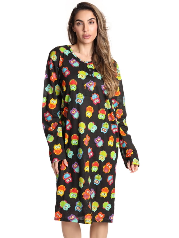 Women's Elegant Long Sleeve Nightgown: Comfortable Sleepwear for a Relaxing Night's Rest (Black - Fun Owl, 3X)