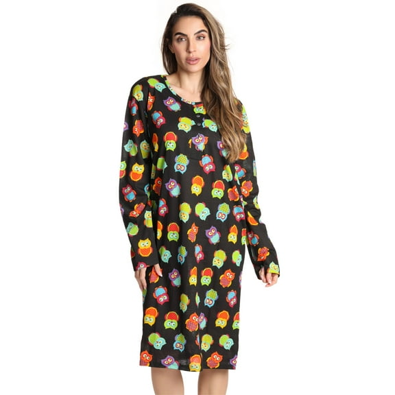 Just Love Women's Elegant Long Sleeve Nightgown: Comfortable Sleepwear for a Relaxing Night's Rest (Black - Fun Owl, Small)
