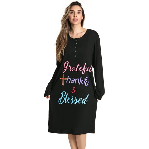 Just Love Women's Elegant Long Sleeve Nightgown: Comfortable Sleepwear for a Relaxing Night's Rest (Black - Grateful Thankful, 4X)