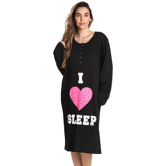 Just Love Women's Elegant Long Sleeve Nightgown: Comfortable Sleepwear for a Relaxing Night's Rest (Black - I Heart Sleep, 1X)
