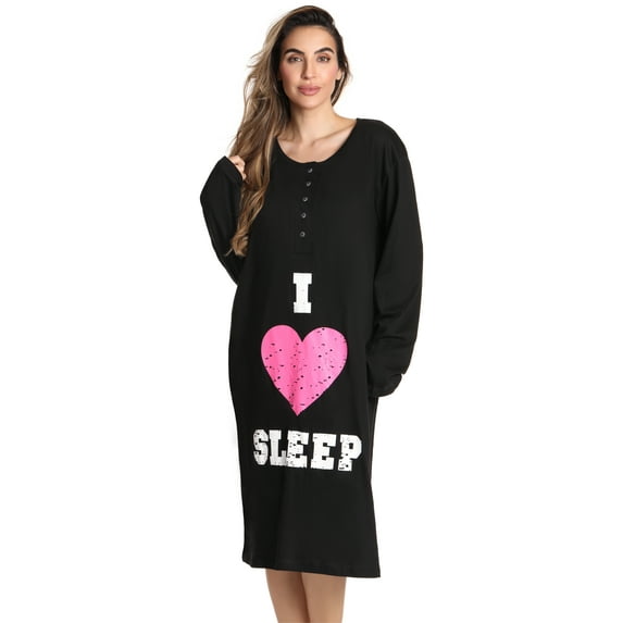 Just Love Women's Elegant Long Sleeve Nightgown: Comfortable Sleepwear for a Relaxing Night's Rest (Black - I Heart Sleep, Medium)