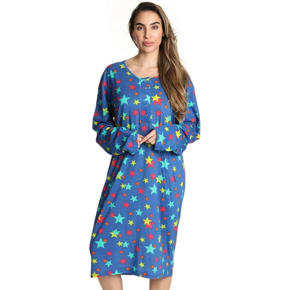 Just Love Women's Elegant Long Sleeve Nightgown: Comfortable Sleepwear for a Relaxing Night's Rest (Blue - Multi Stars, Small)