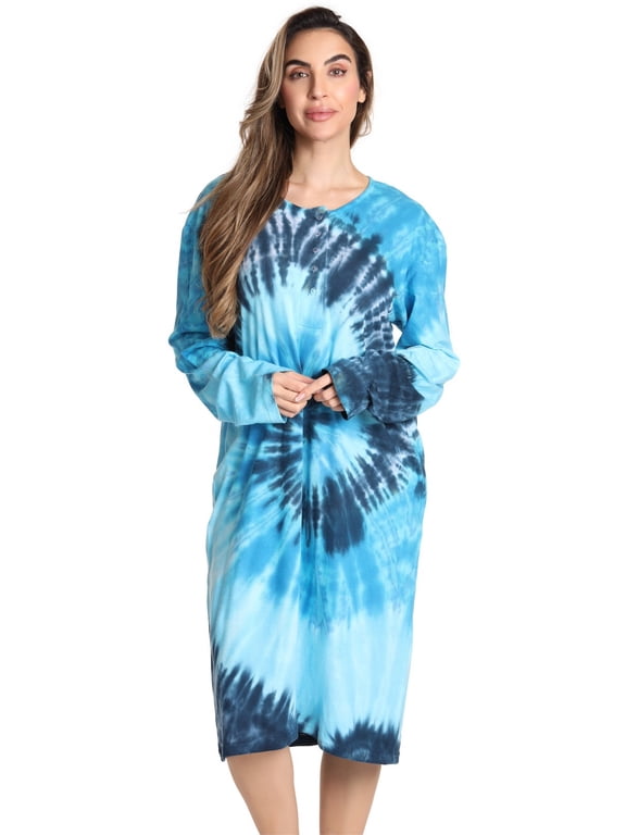 Women's Elegant Long Sleeve Nightgown: Comfortable Sleepwear for a Relaxing Night's Rest (Blue - Tie Dye Swirl, 3X)