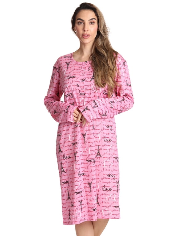 Women's Elegant Long Sleeve Nightgown: Comfortable Sleepwear for a Relaxing Night's Rest (Pink - Paris, Medium)