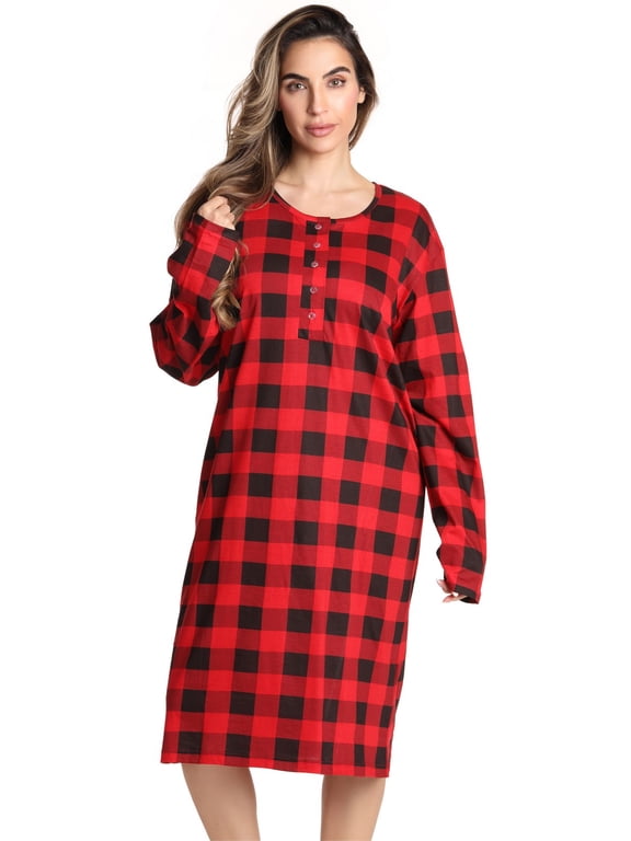 Women's Elegant Long Sleeve Nightgown: Comfortable Sleepwear for a Relaxing Night's Rest (Red - Buffalo Plaid, 5X)