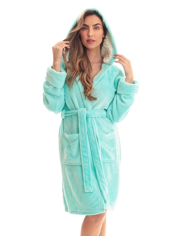 Women's Hooded Velour Robe with Lined Hood and Pockets (Mint, 2X)
