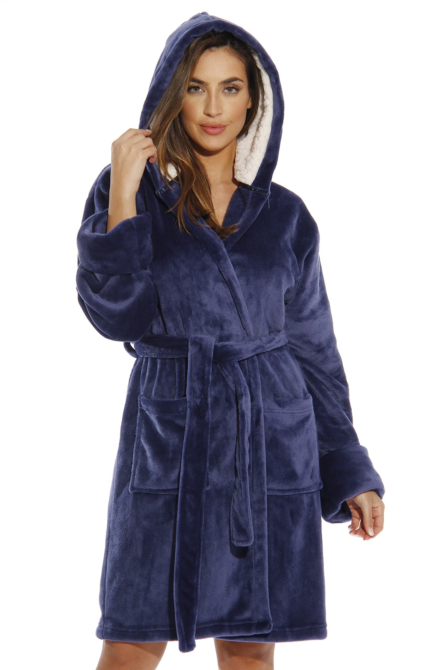 Just Love Women's Hooded Velour Robe with Lined Hood and Pockets (Navy ...