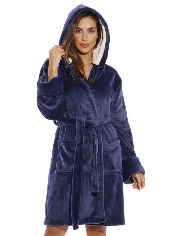 Women's Hooded Velour Robe with Lined Hood and Pockets (Navy, 1X)
