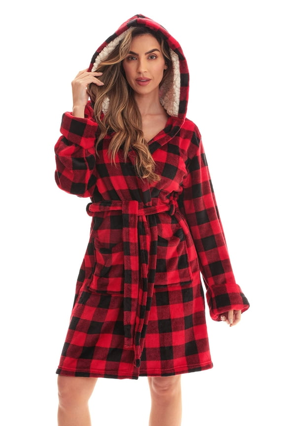 Women's Hooded Velour Robe with Lined Hood and Pockets (Red Black Buffalo Plaid, Medium)