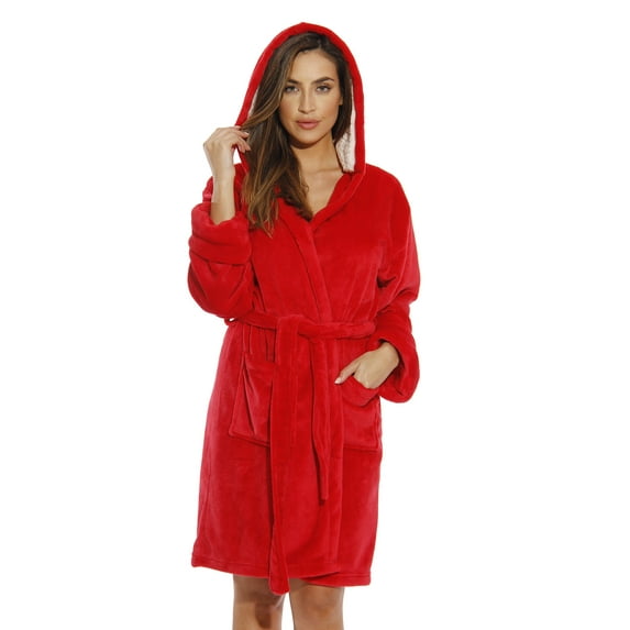 Just Love Women's Hooded Velour Robe with Sherpa Lined Hood and Pockets (Red, X-Small)