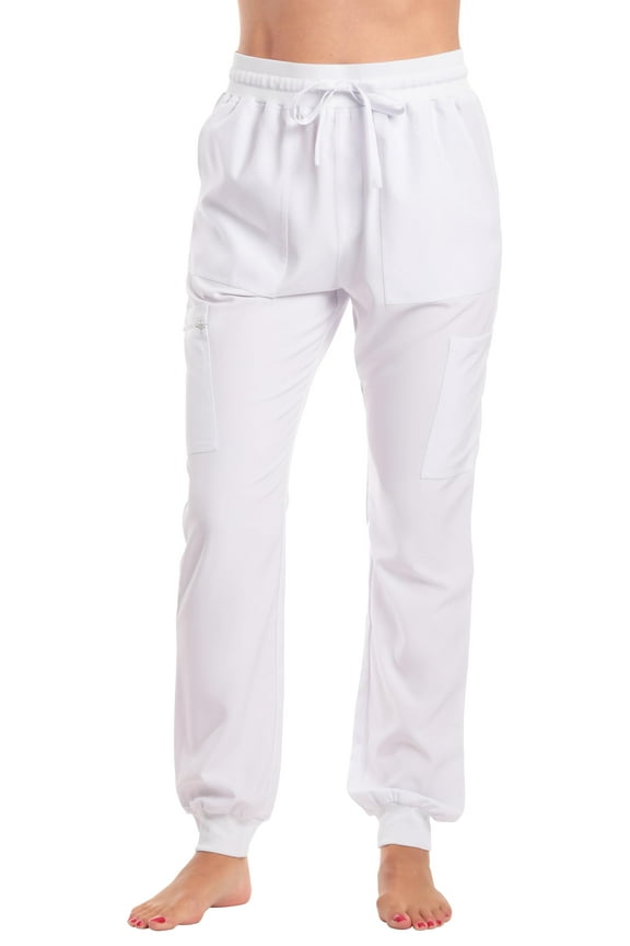 Women's Jogger Scrub Pants  Slim Fit, Durable Medical Uniform for Nurses & Healthcare Professionals (White Stretch Fabric, Medium)