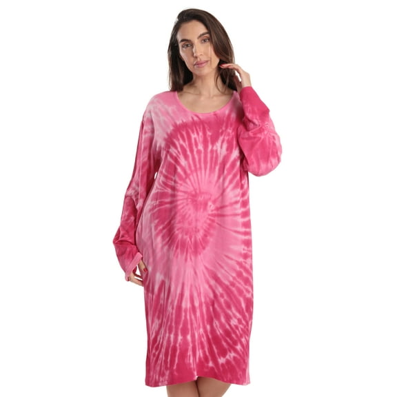 Just Love Women's Long Sleeve Cotton Nightgown - Cozy Sleepwear & Lounge Dress (Tie Dye Fuchsia Swirl Without Buttons, Small)