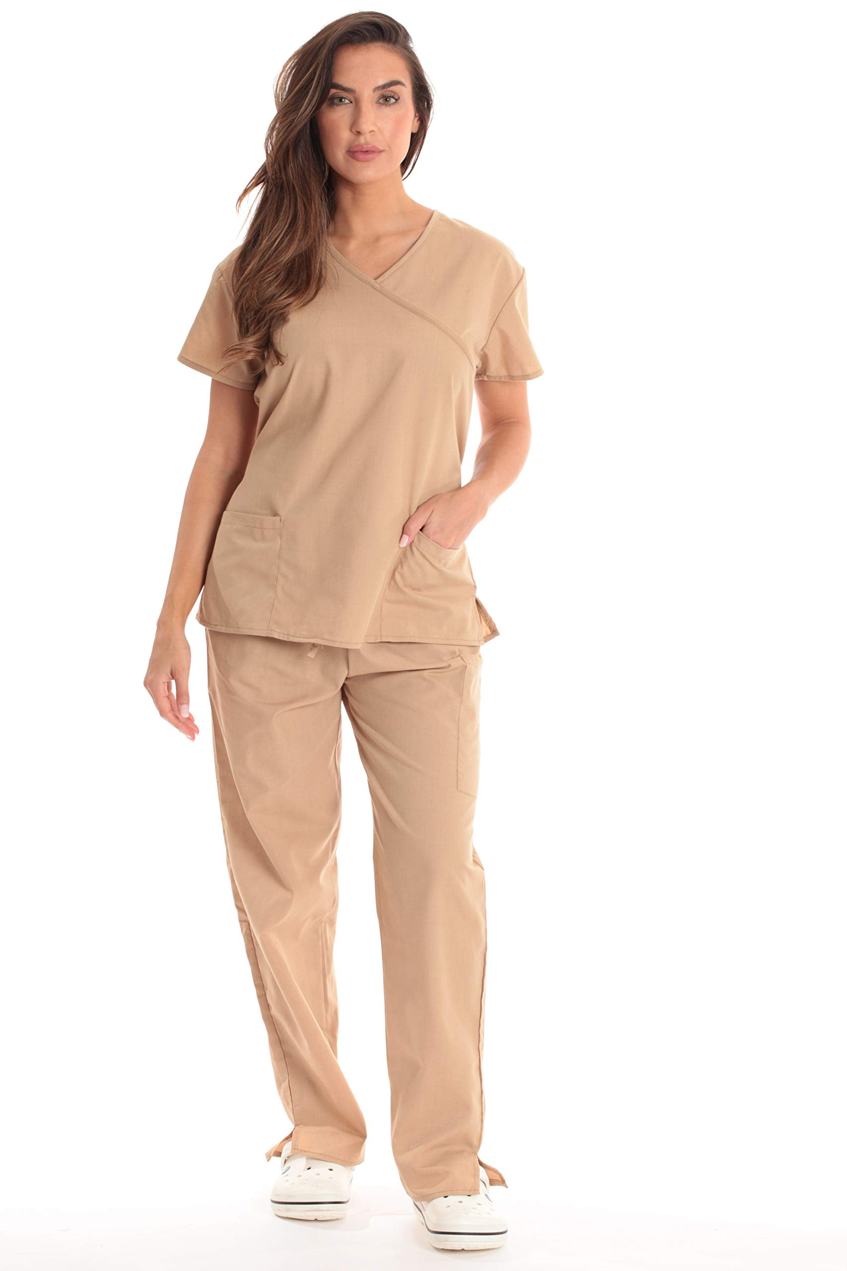 Just Love Women's Medical Scrub Sets Mock Wrap Scrubs with Comfortable Functionality (Khaki