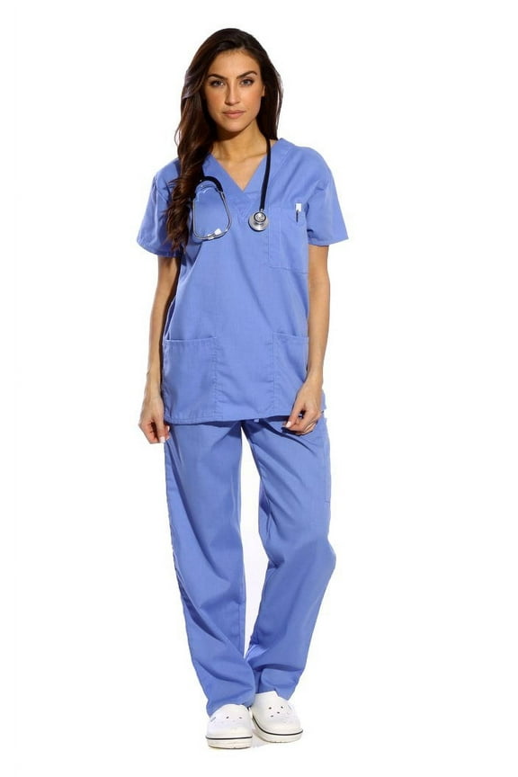 Women's Medical Scrubs - Six Pocket Set with Comfortable V-Neck and Cargo Pant (Ceil, Large)