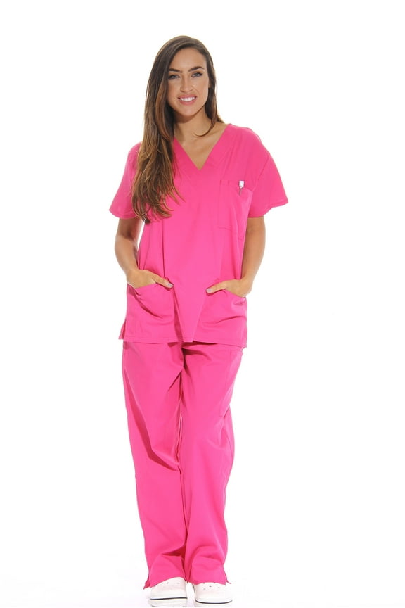 Women's Medical Scrubs - Six Pocket Set with Comfortable V-Neck and Cargo Pant (Fuchsia, X-Small)