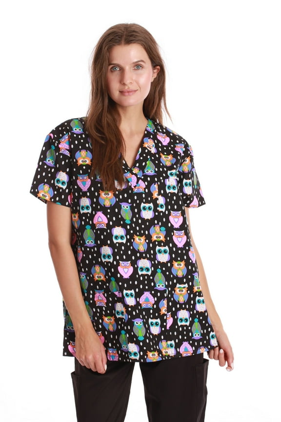 Women's Medical V-Neck Scrub Tops (Black - Hoot Hoot Owl, Large)