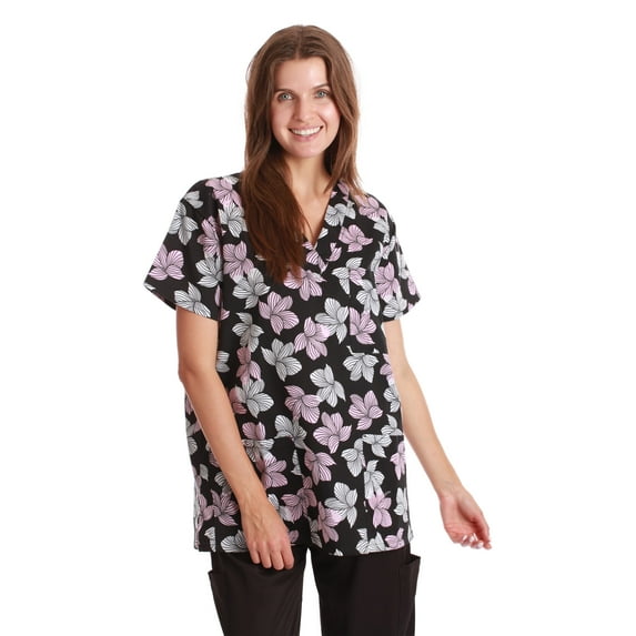Just Love Women's Medical V-Neck Scrub Tops (Black - Windblown Floral, Medium)