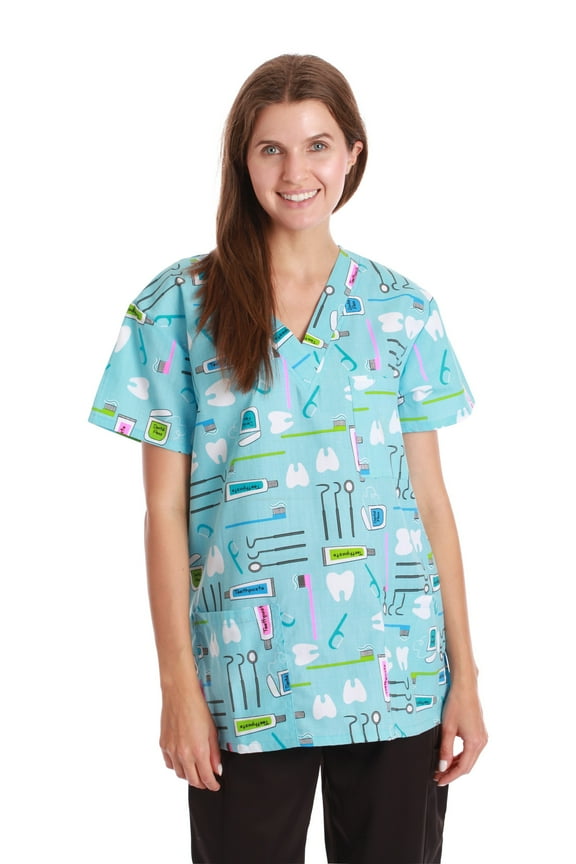 Women's Medical V-Neck Scrub Tops (Blue - Brush and Hygiene, Large)