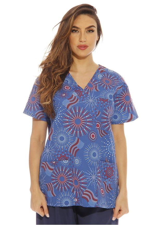 Women's Medical V-Neck Scrub Tops (Flags and Fireworks, Small)
