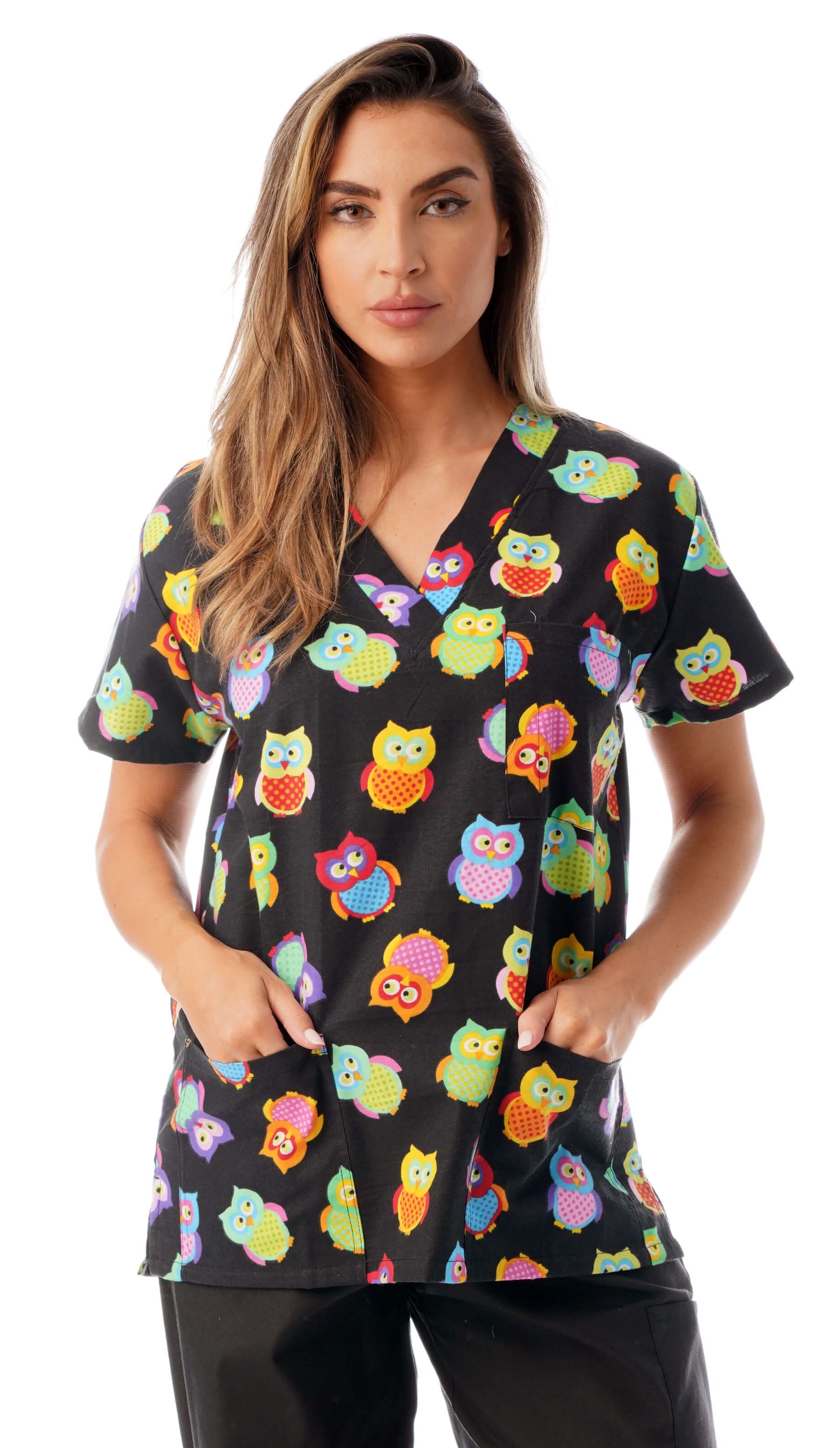 Just Love Women's Medical V-Neck Scrub Tops (Multi Colored Owls, 2X)