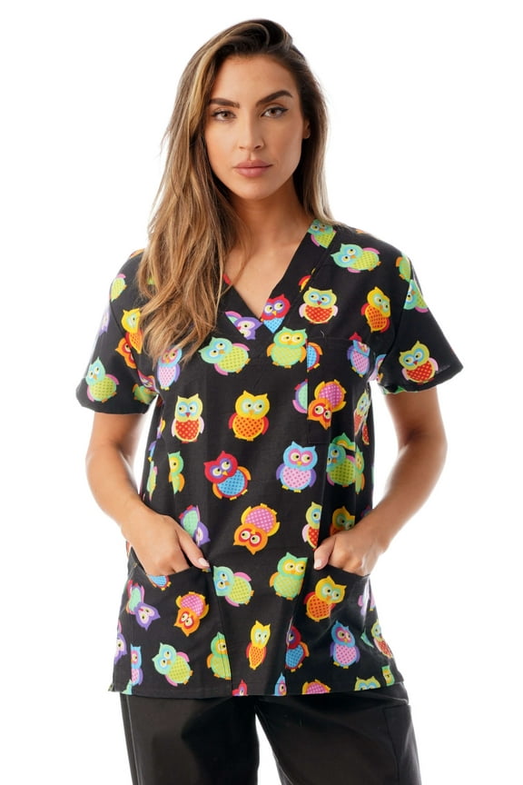 Women's Medical V-Neck Scrub Tops (Multi Colored Owls, 2X)