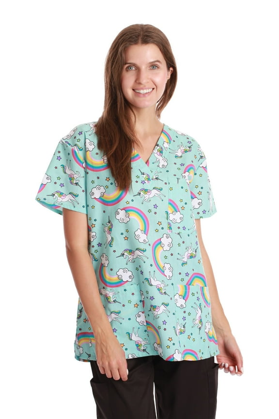 Women's Medical V-Neck Scrub Tops (Turquoise - Unicorn Rainbow, Medium)