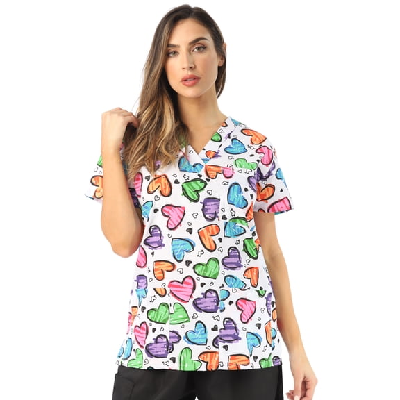 Just Love Women's Medical V-Neck Scrub Tops (White Heart New, 2X)