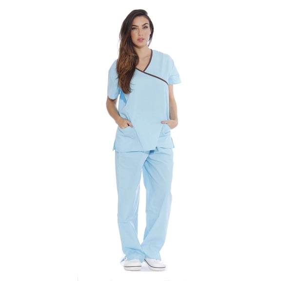 Just Love Women's Nurse Scrub Sets - Mock Wrap Style for Comfort and Style (Aqua With Chocolate Trim, Small)