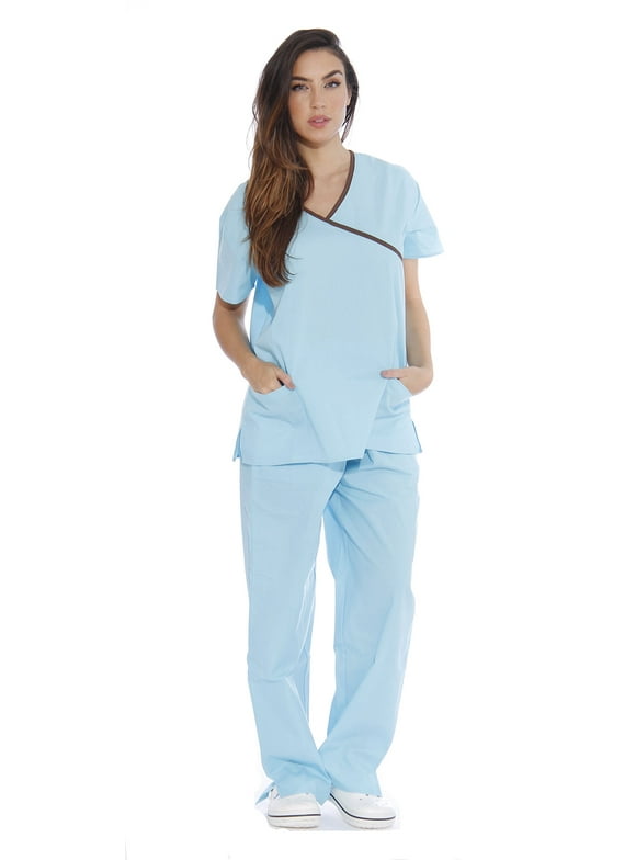 Just Love Women's Nurse Scrub Sets - Mock Wrap Style for Comfort and Style (Aqua With Chocolate Trim, X-Small)