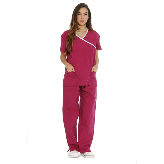 Just Love Women's Nurse Scrub Sets - Mock Wrap Style for Comfort and Style (Burgundy With White Trim, Small)