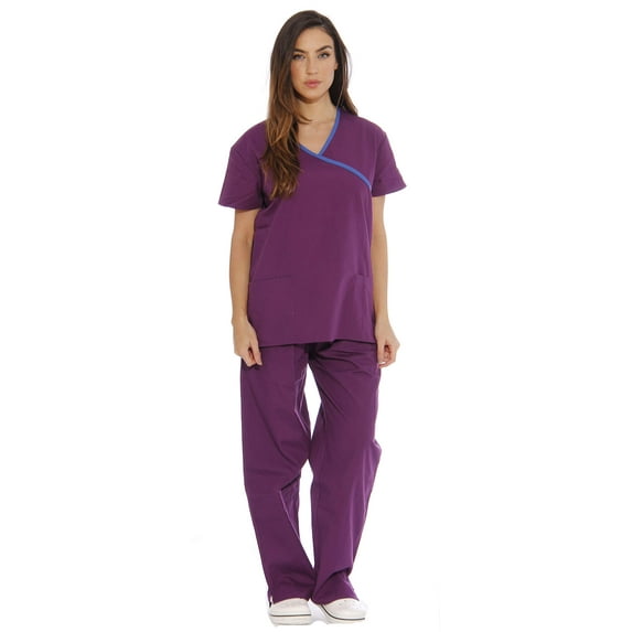 Just Love Women's Nurse Scrub Sets - Mock Wrap Style for Comfort and Style (Eggplant With Royal Blue Trim, 3X)