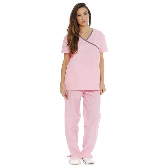 Just Love Women's Nurse Scrub Sets - Mock Wrap Style for Comfort and Style (Light Pink With Steel Grey Trim, Medium)