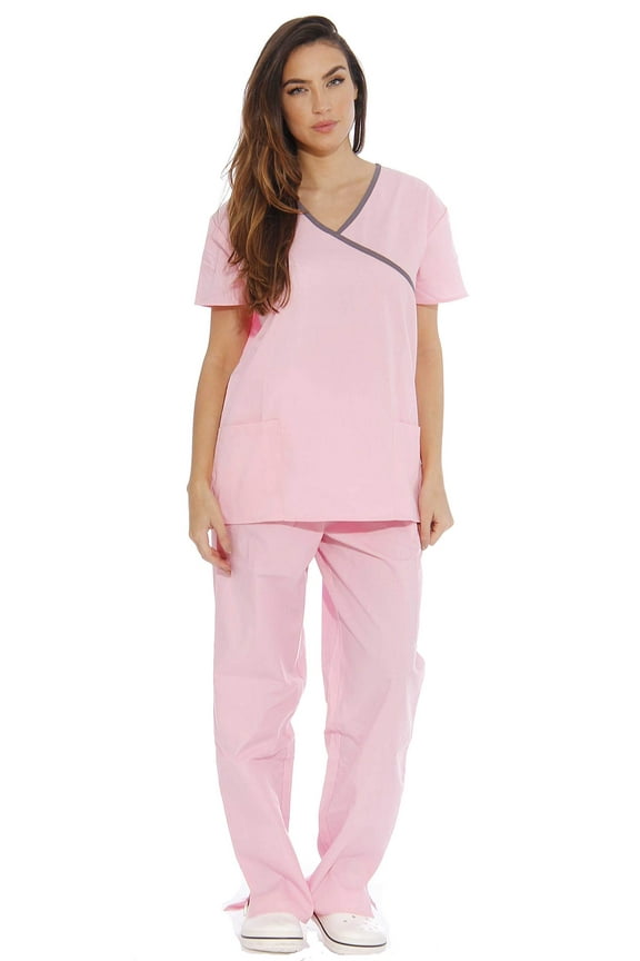 Women's Nurse Scrub Sets - Mock Wrap Style for Comfort and Style (Light Pink With Steel Grey Trim, Small)