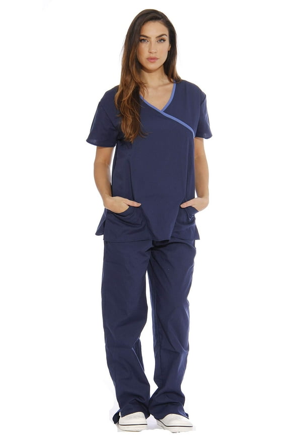 Women's Nurse Scrub Sets - Mock Wrap Style for Comfort and Style (Navy With Malibu Blue Trim, 2X)