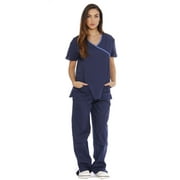 Just Love Women's Nurse Scrub Sets - Mock Wrap Style for Comfort and Style (Navy With Malibu Blue Trim, X-Large)