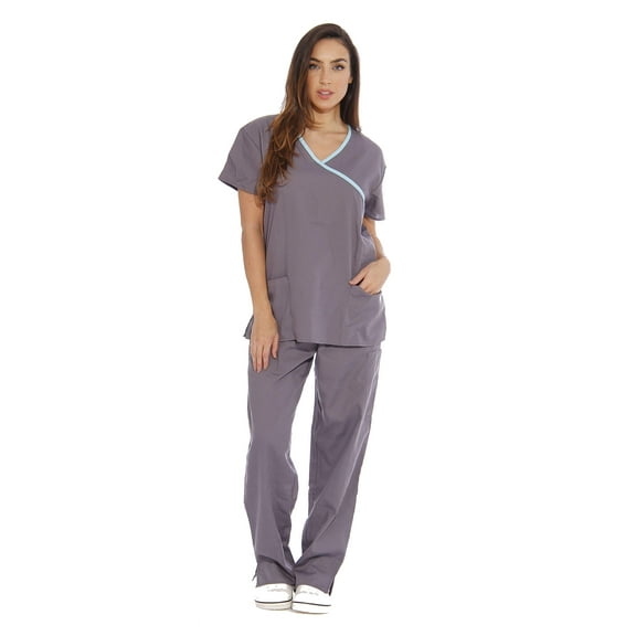 Just Love Women's Nurse Scrub Sets - Mock Wrap Style for Comfort and Style (Steel Grey With Aqua Trim, Small)