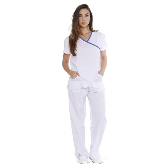 Just Love Women's Nurse Scrub Sets - Mock Wrap Style for Comfort and Style (White With Royal Blue Trim, 3X)