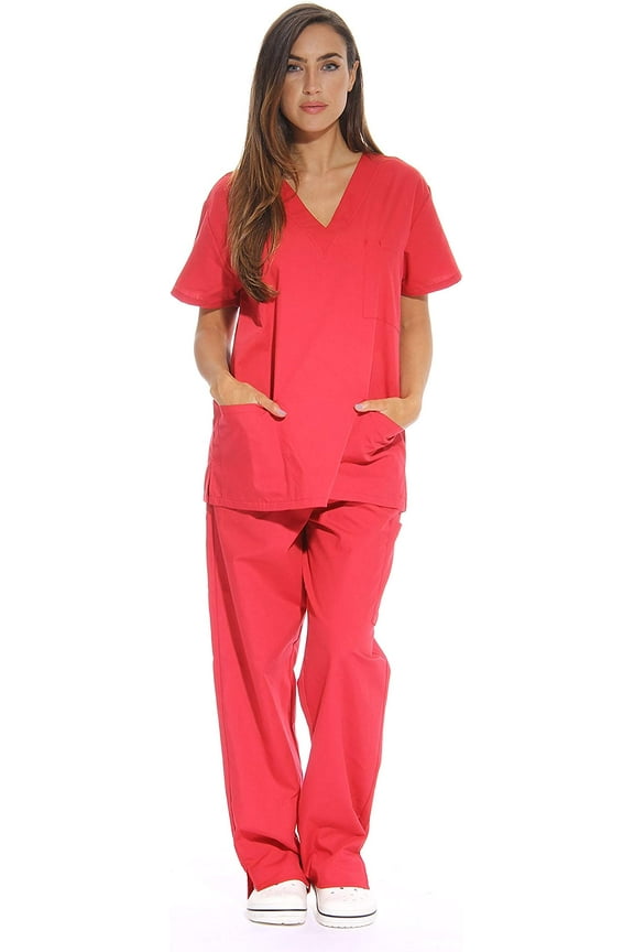 Women's Nursing Scrub Set - Six Pockets, V-Neck, Cargo Pant for Comfortable Workwear (2X, Red)