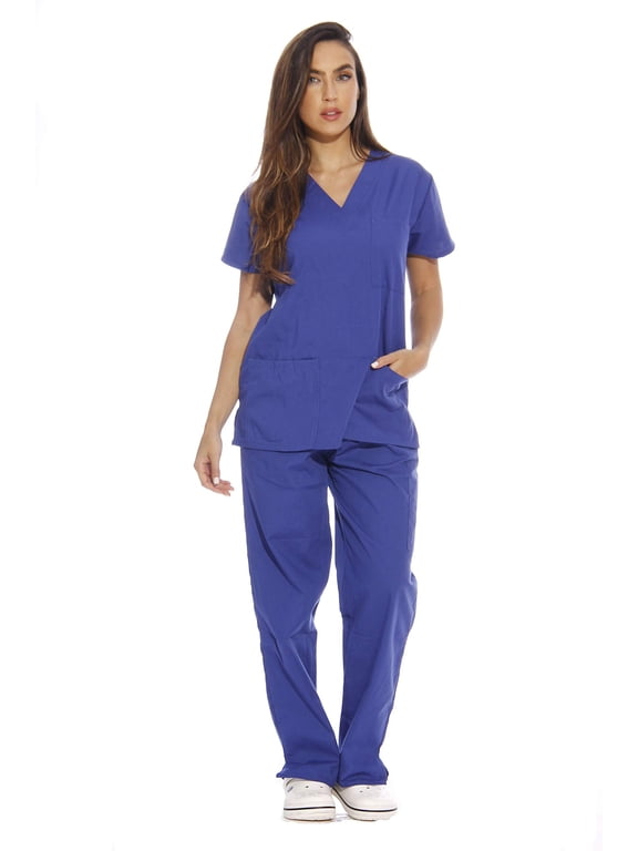 Women's Nursing Scrub Set - Six Pockets, V-Neck, Cargo Pant for Comfortable Workwear (3X, Galaxy Blue)