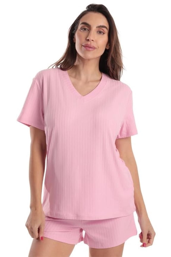 Womens Pajama Short Set  Soft Stretch Jersey PJs, V-Neck Top & Lounge Shorts, Sizes S-3X