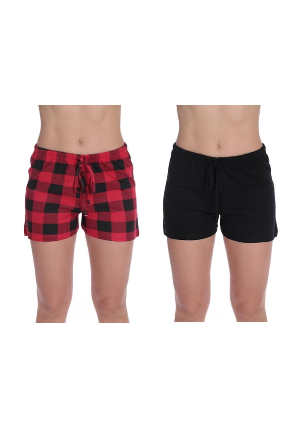 Women's Pajama Shorts - Comfortable Sleepwear (2 Pack) (Red Buffalo Plaid - Black (Pack of 2), Medium)