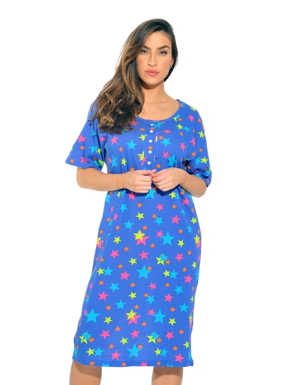 Women's Plus Star Print Round Neck Nightgown & Sleepshirt, Blue