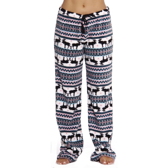 Just Love Women's Plush Pajama Pants - Cozy Lounge Sleepwear (White - Moose Fairisle, Large)