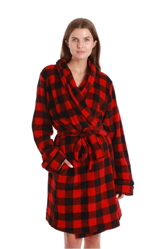 Women's Printed Plush Robe - Soft, Warm Bathrobe for Comfortable Lounging (Buffalo Plaid - Red, 2X)