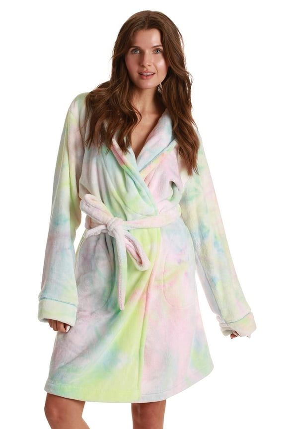 Women's Printed Plush Robe - Soft, Warm Bathrobe for Comfortable Lounging (Pastel Tie Dye, Medium)