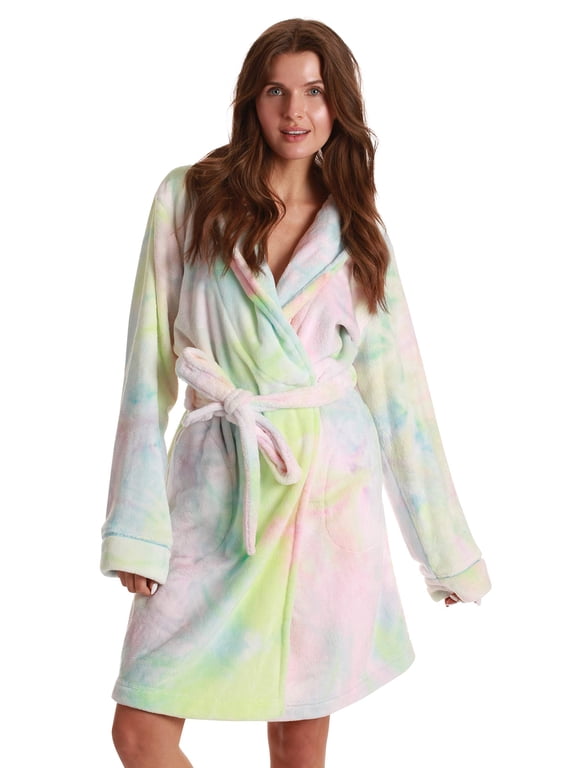 Women's Printed Plush Robe - Soft, Warm Bathrobe for Comfortable Lounging (Pastel Tie Dye, X-Large)