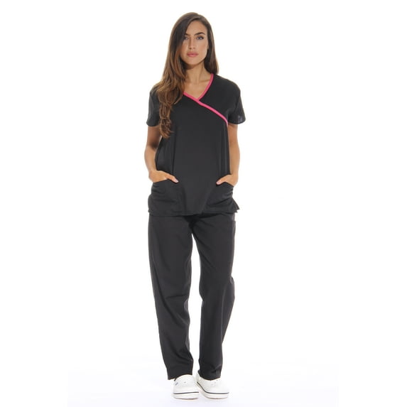 Just Love Women's Scrub Sets - Comfortable Medical & Nursing Scrubs (Black with Pink Trim, 1X)