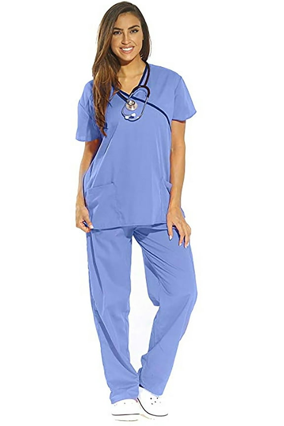 Women's Scrub Sets - Comfortable Medical & Nursing Scrubs (Ceil with Navy Trim, Extra Small)