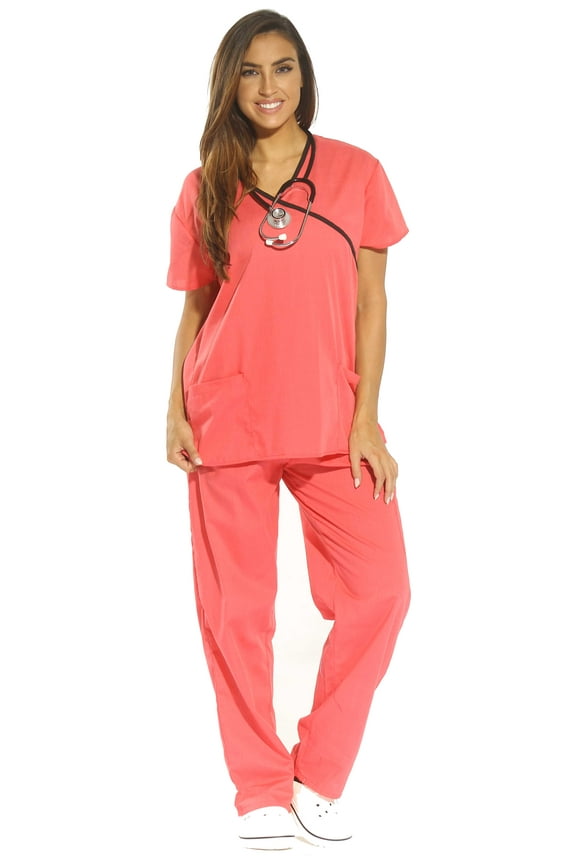 Women's Scrub Sets - Comfortable Medical & Nursing Scrubs (Coral with Black Trim, 1X)
