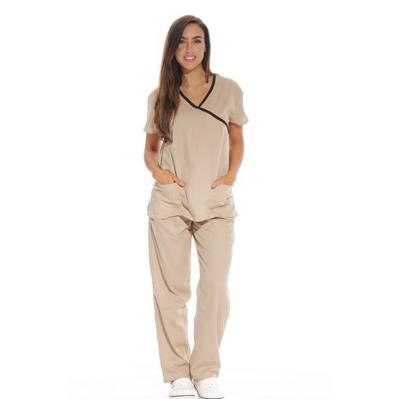 Just Love Women's Scrub Sets - Comfortable Medical & Nursing Scrubs (Khaki with Black Trim, 1X)